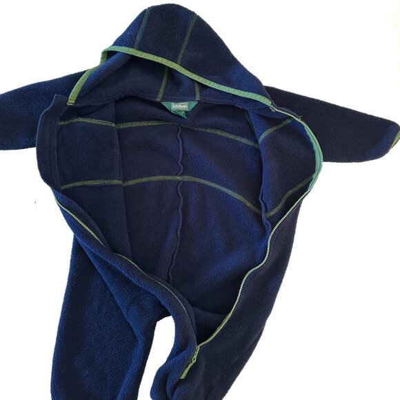 LL Bean Fleece Bunting Snow Suit 12-18 MO Blue w/Green Trim Winter Full Zip Hood - Picture 3 of 6
